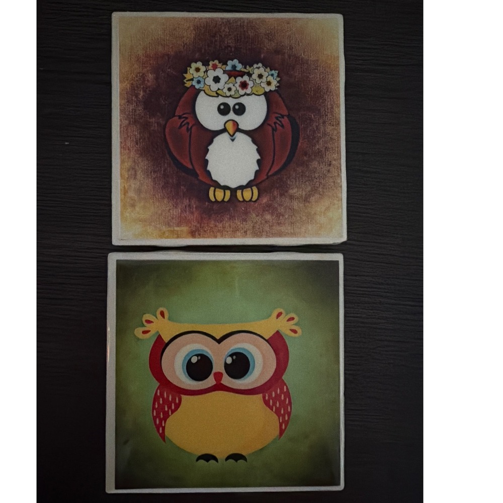 Set of 2 Whimsical Owl Ceramic Coasters with Cork Backing 4x4 Square Multi Color